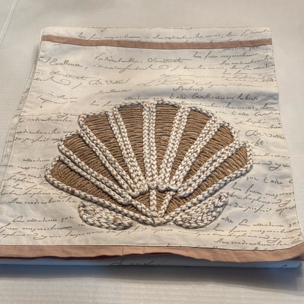 New PIER 1 IMPORTS seashell script embroidery table runner 13x72 Cotton Linen